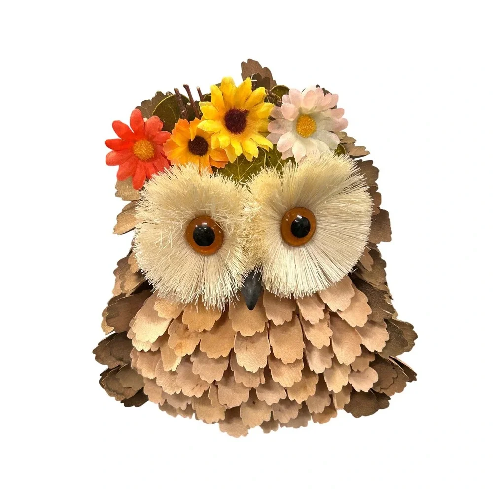 Handmade Rustic Wood Shaving Owl Figurine with Floral Crown Fall Decor 7